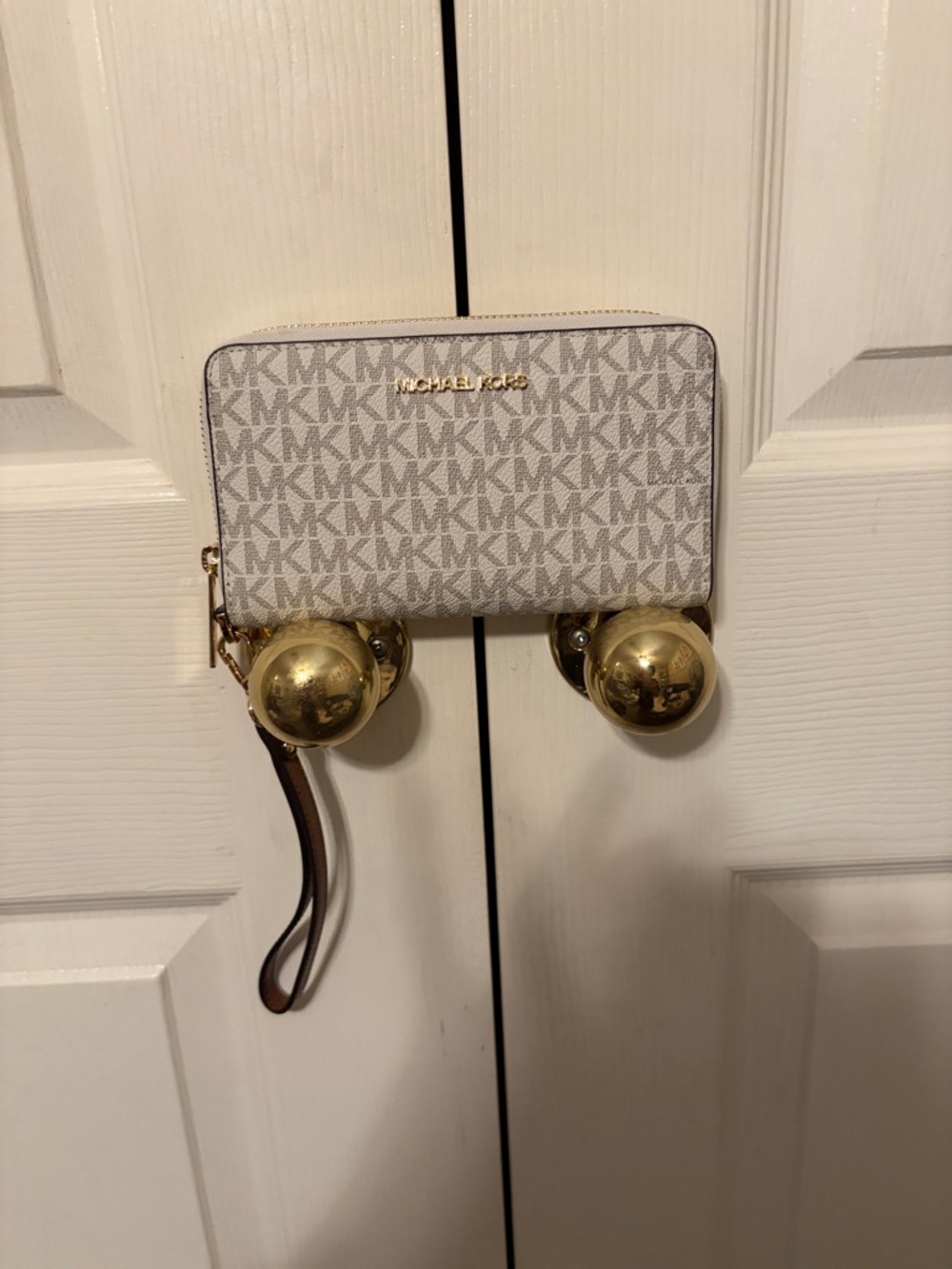 Michael Kors Gray and White MK Zip Wristlet with Gold Hardware